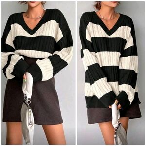 New Oversized Striped Cable Knit V Neck Sweater Black White